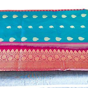 Green Blue Pure Silk Saree with Pink border